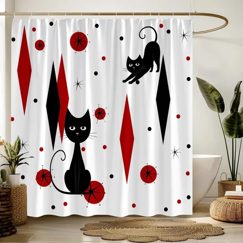 Miniatura 12 de GCTNBJL Mid Century Shower Curtain Black Cat Atomic Stars Modern Abstract Blue Black Geometric Iconic Retro 1950s 1960s Vintage 36x70(WxH) Inches