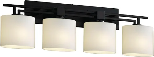 Justice Design Group Fusion - Barra de baño con 4 luces, acabado negro mate con pantalla de vidrio artesanal de ópalo