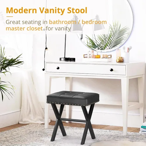 Miniatura 3 de LUE BONA Taburete de tocador, asiento cuadrado de maquillaje de piel sintética con patas en X de metal, pequeña silla otomana para sala