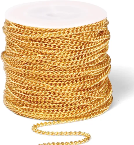 Miniatura 31 de [66 pies/20M] Cadena de bordillo de acero inoxidable chapada en oro de 18 quilates, 2mm, acero inoxidable 304, eslabones trenzados planos, cadenas