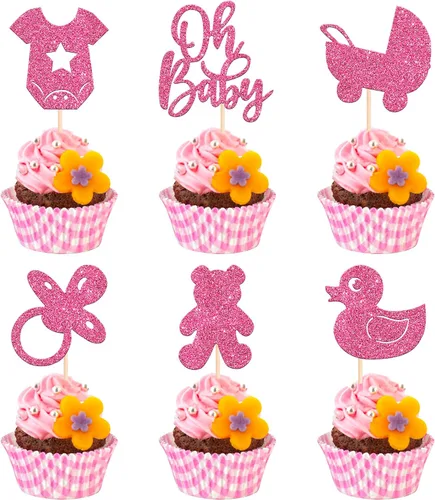 Miniatura 24 de 24 piezas Oh Baby Cupcake Toppers Glitter Baby Shower Cupcake Picks Reveal Género Decoración de Pasteles para Baby Shower Niños Niñas Fiesta de Azul