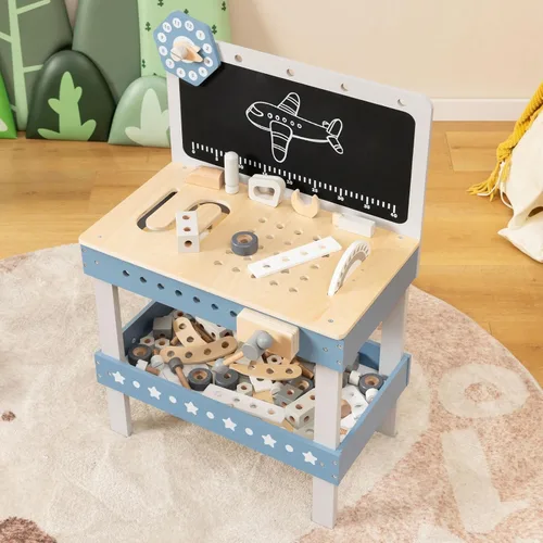 Miniatura 9 de Costzon Banco de herramientas para niños, banco de trabajo de madera con 61 herramientas y accesorios de juguete, juego de herramientas