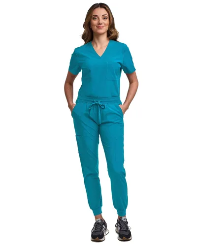 Green Town Conjunto de ropa quirúrgica para mujer, pantalón deportivo y parte superior con cuello en V, 5 bolsillos, cintura de yoga, uniforme de