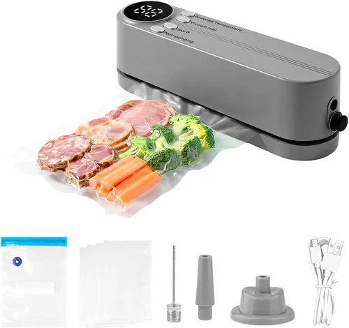 Mini sellador al vacío, 3 en 1, sellador al vacío de mano inalámbrico para almacenamiento de alimentos secos/húmedos con 4 bolsas de aperitivos, Gris