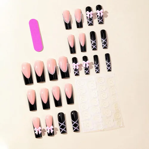 Miniatura 3 de Uñas postizas a presión de ballet negras, uñas postizas largas cuadradas con punta francesa, uñas postizas con lazo rosa con diseños de perlas