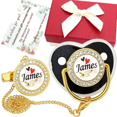 Juego de chupetes personalizados con nombre, sin BPA, dorado, plateado, rosa, oro rosa, lujoso, regalo ideal para recién nacidos (negro)