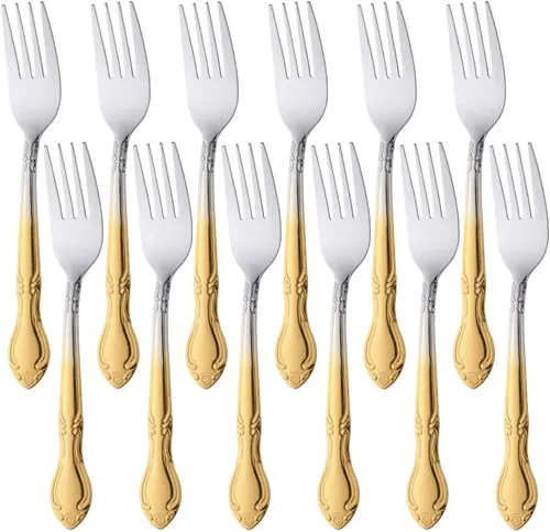 Juego de 12 tenedores para ensalada, cubiertos de acero inoxidable, tenedores de postre con borde de flores, 6.4 pulgadas, color dorado degradado