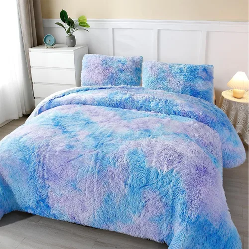 PERFEMET Juego de cama de 3 piezas de felpa azul peluda tamaño queen, estampado de teñido largo, ropa de cama arcoíris de piel sintética para niñas,