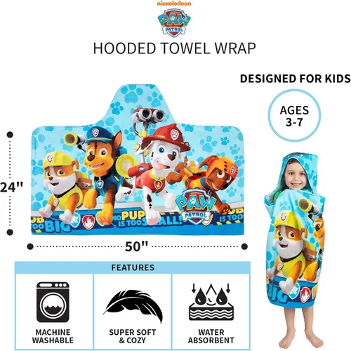 Miniatura 5 de Franco Kids - Toalla con capucha de algodón suave para baño o playa, 24 x 50 pulgadas, Paw Patrol, azul Paw Patrol - Niño
