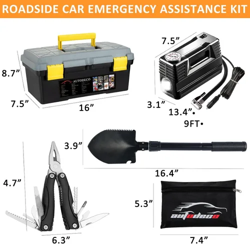 Miniatura 4 de Kit de asistencia de emergencia para automóvil con compresor de aire portátil, cables de puente, martillo de seguridad, todo en uno, juego de Negro