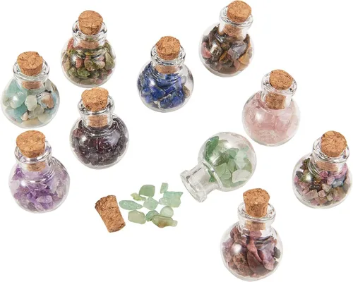 LiQunSweet Juego de 30 piezas de piedras preciosas batidas de cristal, mini botella de deseos de cristal, piedras de reiki curativas con tapón de