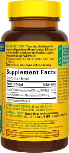 Miniatura 8 de Nature Made Suplemento de Vitamina D3 K2, 5000 UI (125 mcg) Vitamina D para Huesos, Dientes, Músculos y Apoyo Inmunológico, 30 Cápsulas Blandas