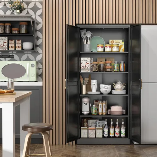 Miniatura 7 de SteeLoong - Armario de despensa de cocina, armario de almacenamiento de metal negro de 71" con puertas y 4 estantes ajustables, gabinete de cocina