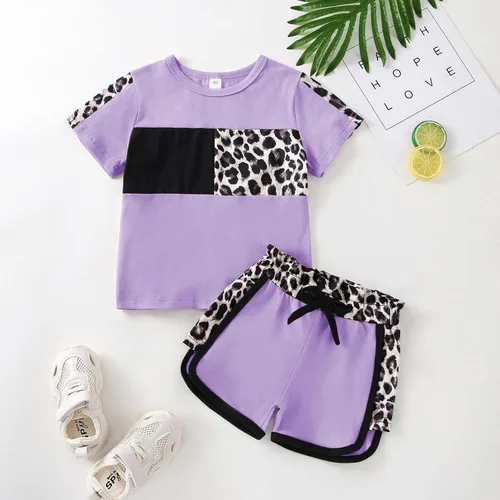 Miniatura 34 de Ropa de verano para niña, camiseta de manga corta para bebé, pantalones cortos, estampado de leopardo, camuflaje, de 18 meses a 6 años