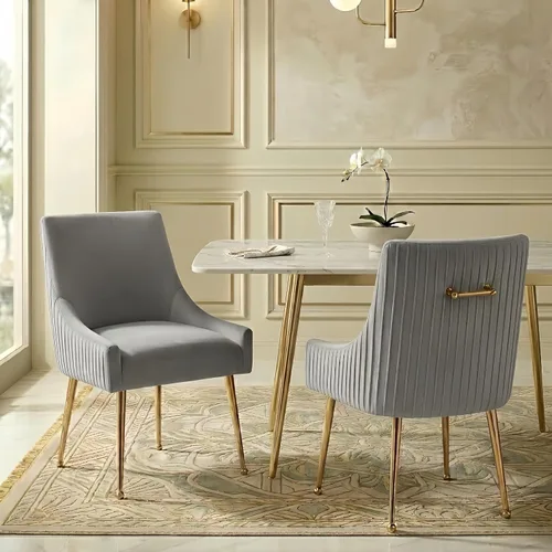 Miniatura 26 de Juego de 2 sillas de comedor, modernas sillas tapizadas para cocina, comedor con patas doradas, sillas de tela de terciopelo copetudo para sala