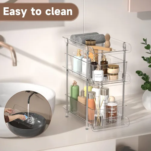 Miniatura 7 de Organizador de baño transparente de 3 niveles con divisores, organización y almacenamiento de despensa extraíble multiusos para debajo
