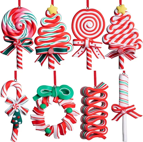 codree 8 piezas Adornos colgantes de piruleta de Navidad - Adornos de caramelo para árbol de Navidad - Adorno de arcilla polimérica de caramelo para