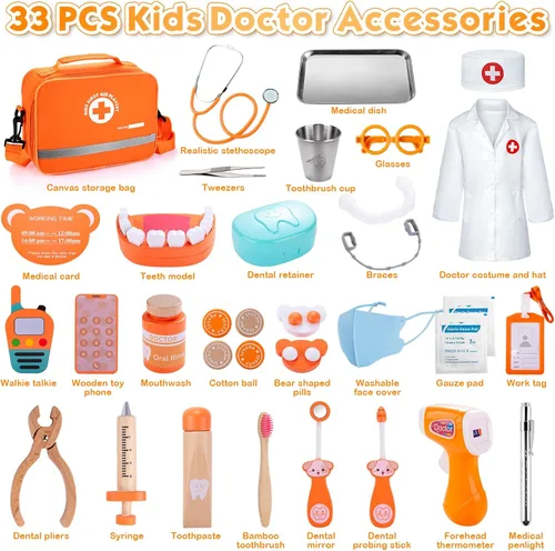 Miniatura 6 de Juego de dentista para niños, kit médico de madera para niños pequeños de 3 a 5 años con estetoscopio real, dientes extraíbles, frenos y bolsa