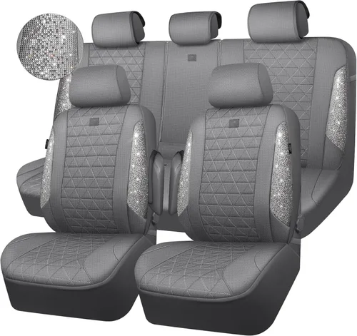 Miniatura 16 de CAR PASS Fundas de asiento de automóvil de cuero con diamantes brillantes, juego de asientos interiores de asientos completos, impermeable, Plateado