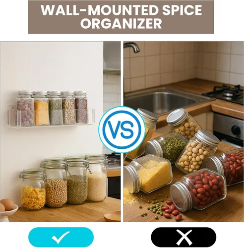Miniatura 5 de Estantes de especias acrílicos para montaje en pared, paquete de 2 estantes transparentes para especias para puerta de gabinete con nano cinta