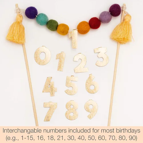 Miniatura 2 de PapaKit Decoración de pastel de cumpleaños con pompones de arcoíris con números de edad personalizables, decoración de fiesta preencordada hecha a