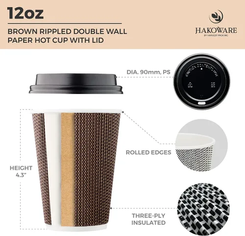 Miniatura 2 de Paquete de 100 tazas de café desechables de 12 onzas, taza de papel de doble pared con tapa con ondulación aislada, diseño geométrico marrón, té