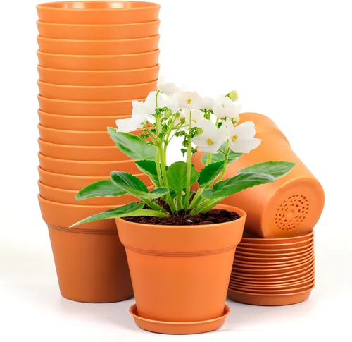 Miniatura 8 de Meowell Macetas de plástico de 6 pulgadas, paquete de 16 macetas para plantas de interior y exterior, macetas con agujeros de drenaje y platillos