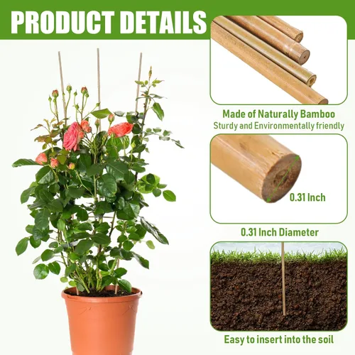 Miniatura 4 de Suzile 60 estacas de bambú a granel, estacas naturales para plantas de bambú para jardín, soporta escalada para tomates, frijoles, vegetales
