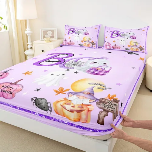 Miniatura 4 de Juego de sábanas Kawaii de fantasma, tamaño individual, juego de ropa de cama morado de Halloween de 3 piezas para decoración de habitación de niños