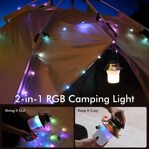Miniatura 7 de Luces LED recargables y linterna, lámpara impermeable con 5 modos de luces RGB, luz de tienda de campaña de brillo ajustable, linterna al aire libre