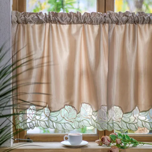 Miniatura 3 de SUTAVIA Juego de 2 cortinas clásicas de encaje rosa para cocina, cortinas de cafetería, cortinas de satén dorado con bolsillo para barra