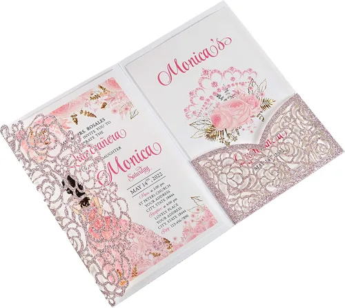 Miniatura 8 de Juego de 50 invitaciones de quinceañera rosa personalizadas de 4.7 x 7 pulgadas, cortadas con láser, tarjetas de invitación de quinceañera