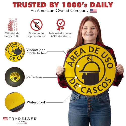 Miniatura 2 de TRADESAFE Adhesivo antideslizante para el suelo del área del casco español – Señal de precaución del Área de USO De Cascos, letrero de vinilo