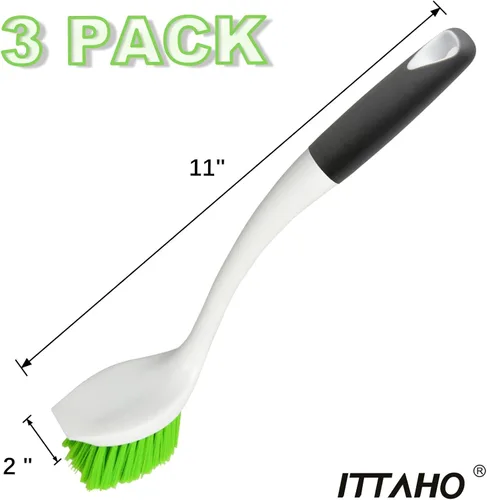 Miniatura 7 de Juego de fregadores de platos, cepillo de cocina para limpieza con borde rascador, cepillo verde multiusos con mango para platos, fregadero, ollas