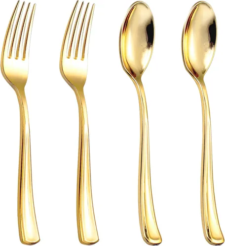Miniatura 12 de BUCLA Juego de cubiertos de plástico dorado de 200 piezas, juego de cubiertos desechables resistentes, 100 tenedores de plástico dorados y 100