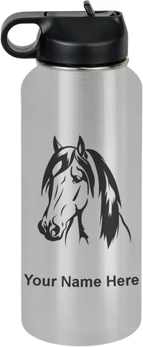 Miniatura 78 de LaserGram Botella de agua personalizada, cabeza de caballo 1, acero inoxidable de doble pared aislada al vacío con popote superior, regalo grabado