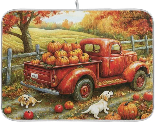 Miniatura 24 de Tapete de secado de platos de 16 x 18 pulgadas para encimera de cocina, hojas de arce y hojas de arce, tapete de microfibra reversible para secar