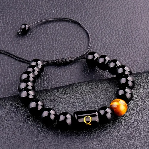 Miniatura 86 de SUMMER LOVE Regalos para el Día del Padre, pulsera con inicial de piedra de ónix negro de 0.394 pulgadas para hombres, pulsera de cuerda trenzada
