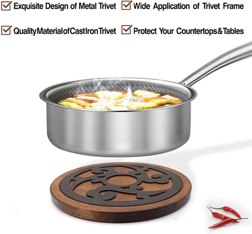 Miniatura 3 de Juego de salvamanteles de hierro fundido con madera de 2 piezas, salvamanteles de madera para platos calientes, almohadillas calientes de cocina