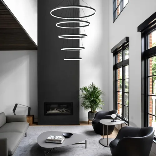 Miniatura 4 de Candelabro LED moderno de 5 anillos, color negro, regulable, de techo alto, para comedor con control remoto para vestíbulo, sala de estar, entrada