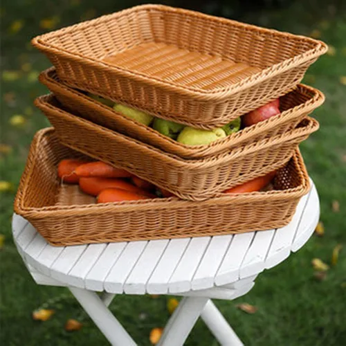 Miniatura 8 de Yarlung Paquete de 3 cestas de pan tejidas de ratán sintético, cestas de frutas de mimbre de plástico de 11.8 x 7.8 pulgadas para servir alimentos