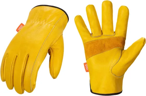 Miniatura 8 de Vgo... 2 pares de guantes de trabajo y conductor de cuero de vaca de invierno con forro de 32 ℉ o superior (talla XL, crema, CA9501F)