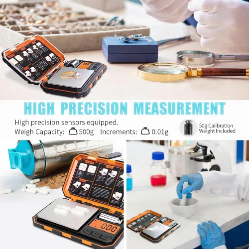 Miniatura 2 de Báscula digital de bolsillo de Fuzion, 500 g x 0.01 g, báscula de gramos, báscula mini de 6 unidades para joyas con pantalla LCD, función de tara