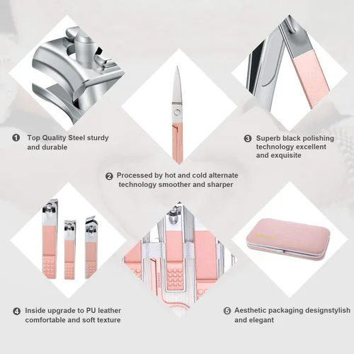 Miniatura 5 de Juego de manicura, mini cortaúñas de viaje, herramientas de cuidado de pedicura, 10 piezas de acero inoxidable kit de aseo (rosa)