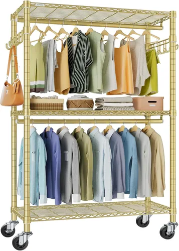 Miniatura 11 de VIPEK R2 Perchero de ropa resistente para colgar ropa, estante de prendas rodante ajustable con barras dobles y ganchos, armario independiente