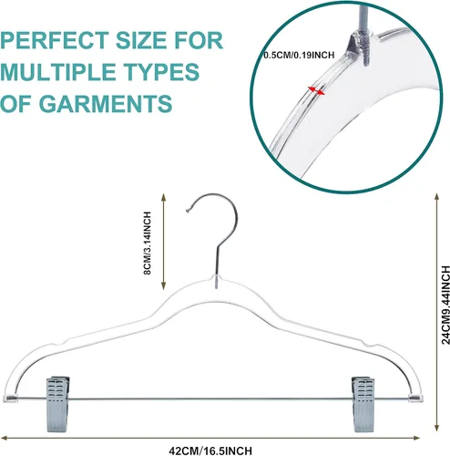 Miniatura 5 de Perchas de plástico transparente para pantalones con clips, paquete de 5 unidades, ganchos giratorios y muescas para faldas, perchas acrílicas que