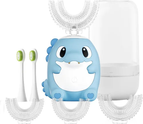 Kids Electric U Shaped Toothbrush Children Dinosaur Sonic Automatic Toothbrush with 6 Brush Heads Full Mouth 6 Cleaning Modes - (Age2-15 Blue)