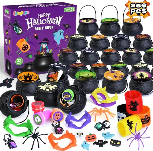 Letapapa 256 piezas de recuerdos de fiesta de Halloween para niños, paquete de 32 caldero de bruja de plástico pequeño precargado con varios