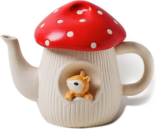 Miniatura 8 de Bonita taza de hongo con platillo, hecha a mano con lunares esmaltados, con decoración de ardilla en el plato. Tazas de café de cerámica mate
