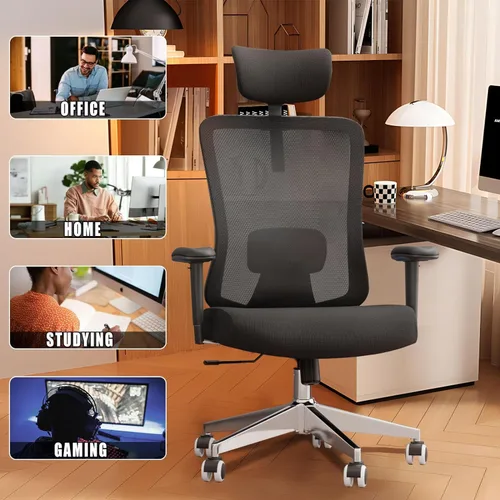 Miniatura 4 de Silla de oficina de malla, ergonómica con soporte lumbar, color negro, estilo moderno, respaldo de malla, bloqueo de inclinación de 90-135